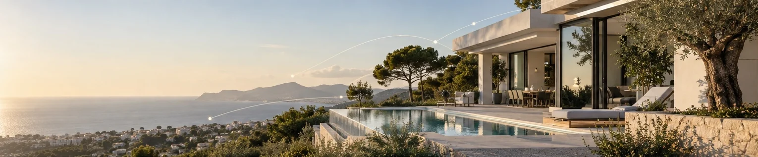 Vivienda mediterránea contemporánea con vistas a la costa al amanecer