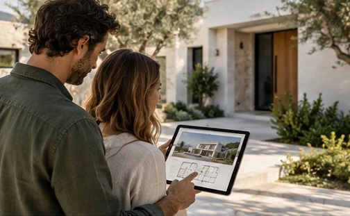 Propietarios revisando el plano y la documentación de su vivienda