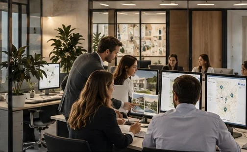 Equipo de una inmobiliaria trabajando sobre el mismo sistema en varias pantallas
