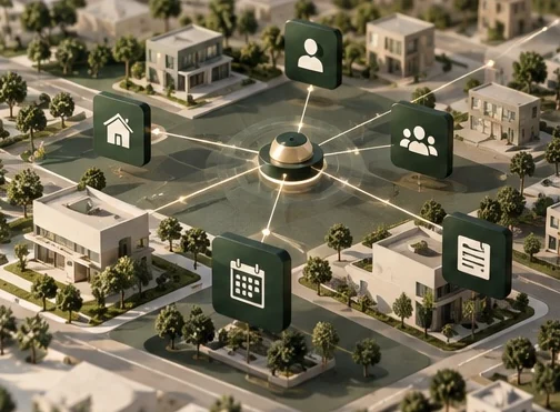 Representación de viviendas, personas y tareas conectadas sobre un plano urbano