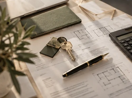 Llaves, plano de vivienda y documentación sobre una mesa de trabajo