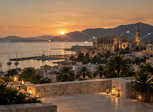 Costa mediterránea al atardecer con arquitectura contemporánea